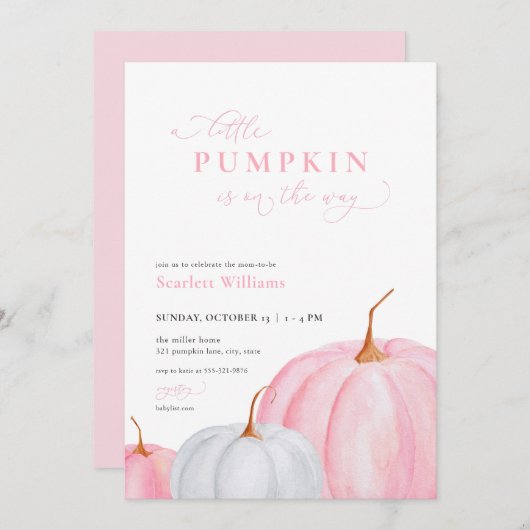 Roze Meisje Kleine Pompoen Baby shower Invitation Kaart (Voorkant / Achterkant)