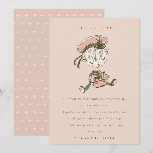 Roze Meisje Kleine Zeiler Nautisch Baby Shower Bedankkaart (Voorkant / Achterkant)