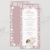 Roze meisje knielend Primera Comunion Menu (Voorkant / Achterkant)