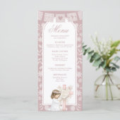 Roze meisje knielend Primera Comunion Menu (Staand voorkant)