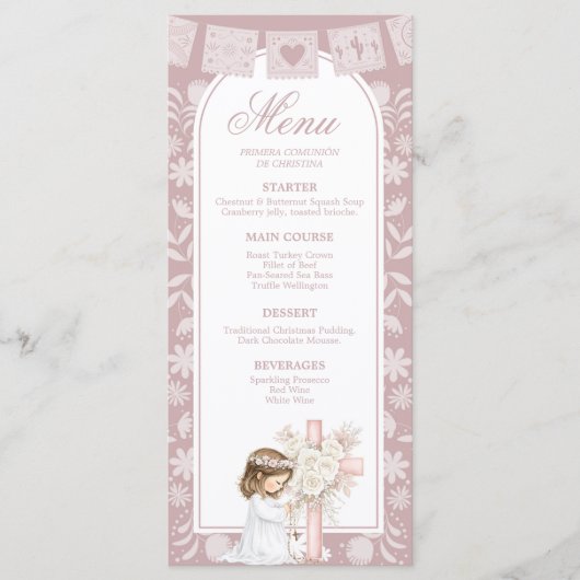 Roze meisje knielend Primera Comunion Menu (Voorkant)