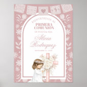 Roze meisje knielend Primera Comunion Poster (Voorkant)