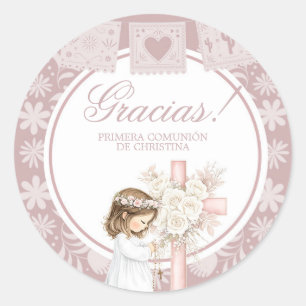 Roze meisje knielend Primera Comunion Ronde Sticker