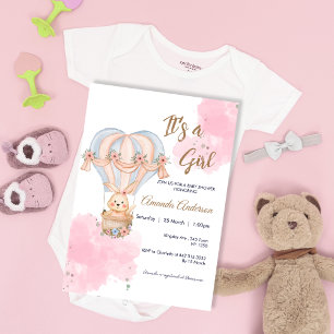 Roze Meisje Konijnenballon Baby shower Invitation Kaart
