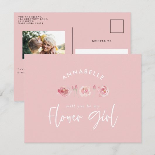 Roze meisje met dunne waterverf, bloemenkool uitnodiging briefkaart (Voorkant / Achterkant)