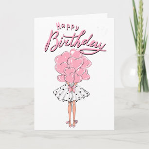 Roze Meisje met Hartballon Verjaardag Kaart