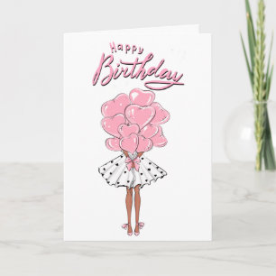 Roze Meisje met Hartballon Verjaardag Kaart