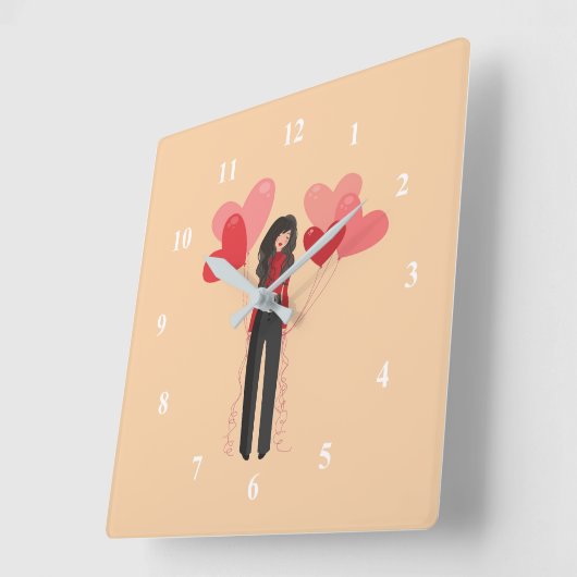 Roze meisje met hartballonnen vierkante klok (Hoek)