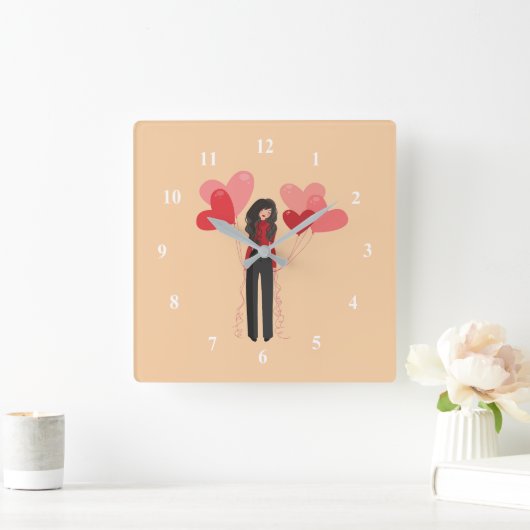 Roze meisje met hartballonnen vierkante klok (Huis)