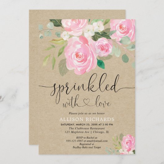 Roze meisje met roze spoelroos baby sprinkhaan kaart (Voorkant / Achterkant)