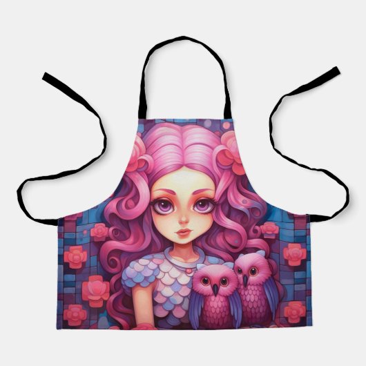 Roze meisje met twee uilen schort (Voorkant)