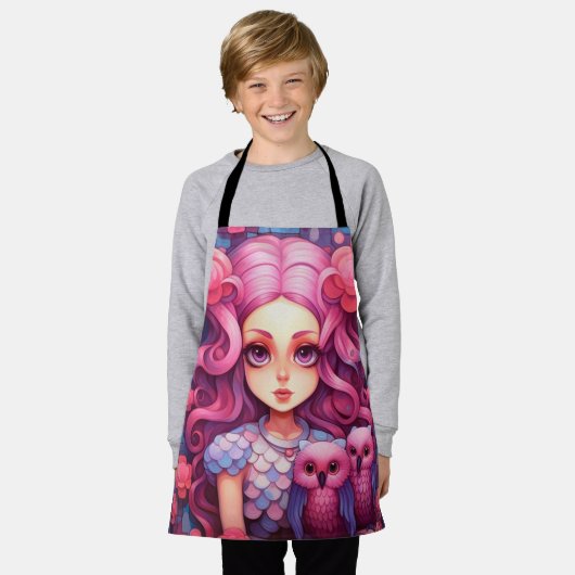 Roze meisje met twee uilen schort (Gedragen)