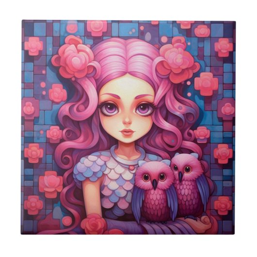 Roze meisje met twee uilen tegeltje (Voorkant)