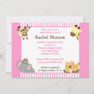 Roze meisje Oerwoud Safari Friends 5x7 Baby shower Kaart