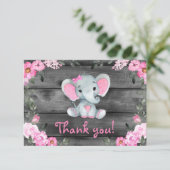 Roze Meisje Olifant Dank u kaart Rustieke Floral (Staand voorkant)