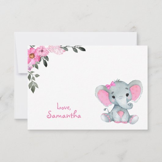 Roze Meisje Olifant Dank u kaart Rustieke Floral (Achterkant)