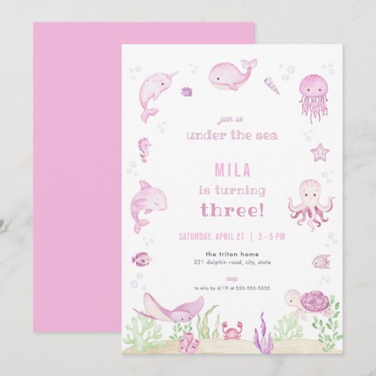 Roze Meisje Onder het Zee Verjaardagsuitnodiging Kaart (Voorkant / Achterkant)