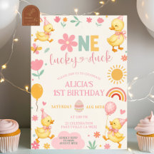 Roze Meisje One Lucky Duck verjaardagsuitnodiging