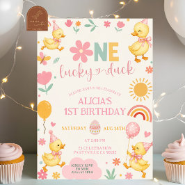 Roze Meisje One Lucky Duck verjaardagsuitnodiging Kaart