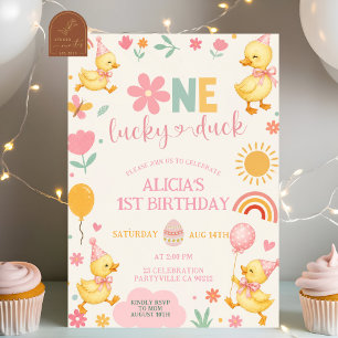 Roze Meisje One Lucky Duck verjaardagsuitnodiging Kaart