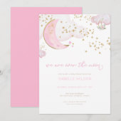 Roze Meisje Over De Maan Baby shower Uitnodiging (Voorkant / Achterkant)