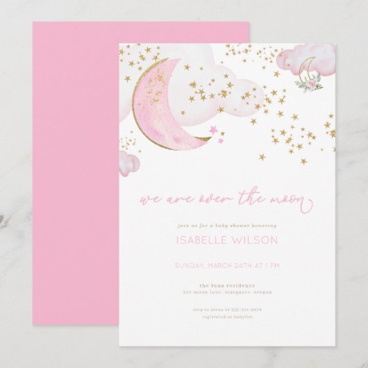 Roze Meisje Over De Maan Baby shower Uitnodiging (Voorkant / Achterkant)