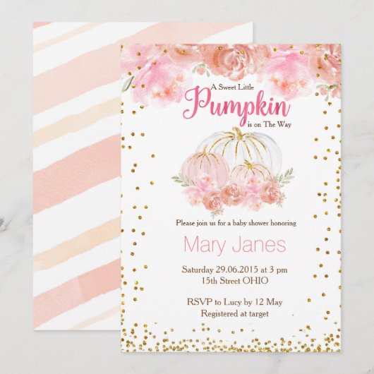 Roze meisje pompoen baby shower waterverf kaart (Voorkant / Achterkant)