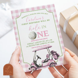 Roze Meisje Preppy Golf Hole in One Eerste Verjaar Kaart
