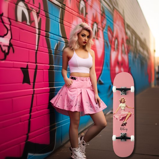Roze Meisje Retro Blond Skater Meisje Persoonlijk Skateboard