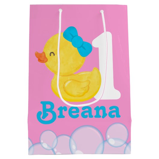 Roze Meisje Rubber Duck Gepersonaliseerde Verjaard Medium Cadeauzakje (Achterkant)
