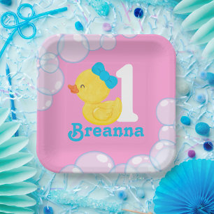 Roze Meisje Rubber Duck Gepersonaliseerde Verjaard Papieren Bordje