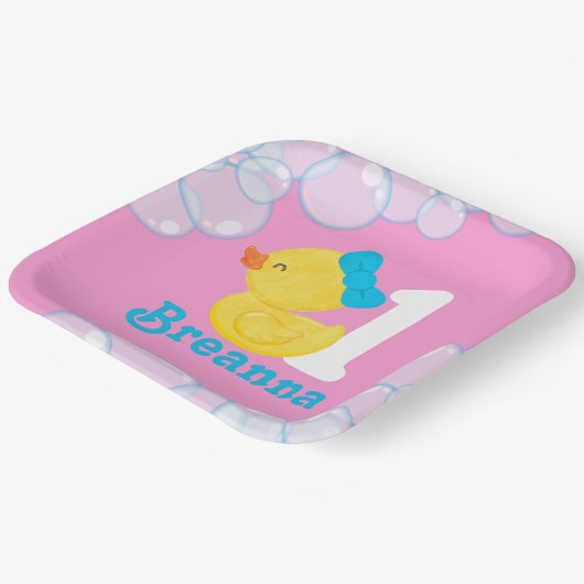 Roze Meisje Rubber Duck Gepersonaliseerde Verjaard Papieren Bordje (Gebogen)
