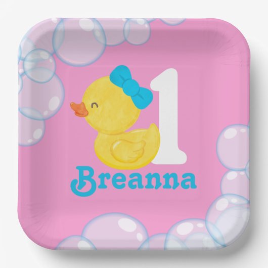 Roze Meisje Rubber Duck Gepersonaliseerde Verjaard Papieren Bordje (Voorkant)