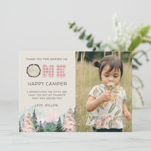 Roze Meisje Rustiek Een Gelukkige Camper Dank U Ka Bedankkaart (Staand voorkant)