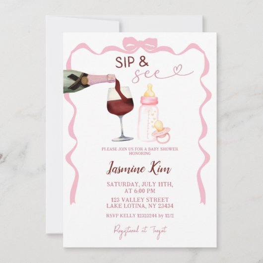 Roze Meisje Sip en Zie Baby shower Uitnodiging (Voorkant)