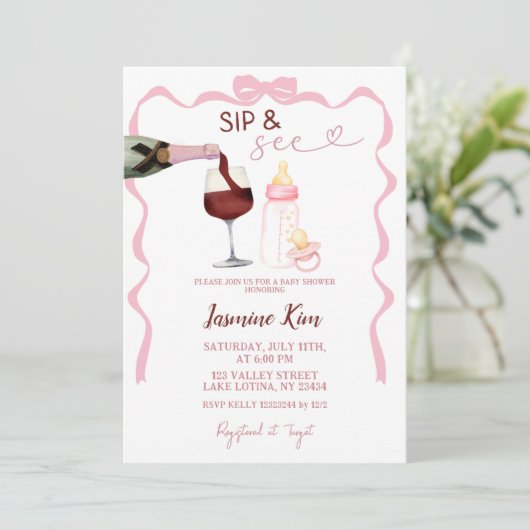 Roze Meisje Sip en Zie Baby shower Uitnodiging (Staand voorkant)