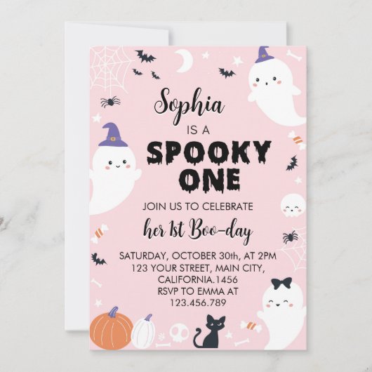 Roze Meisje Spooky Een Geest Verjaardag Uitnodigin Kaart (Voorkant)
