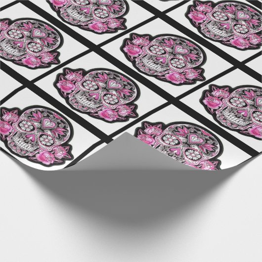 Roze, meisje-suikerschedel cadeaupapier (Hoek)