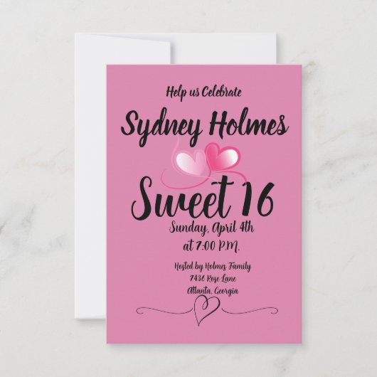 Roze meisje Sweet Sixteen Uitnodigingsharten Kaart (Voorkant)
