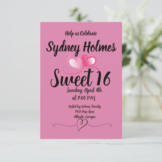Roze meisje Sweet Sixteen Uitnodigingsharten Kaart (Staand voorkant)