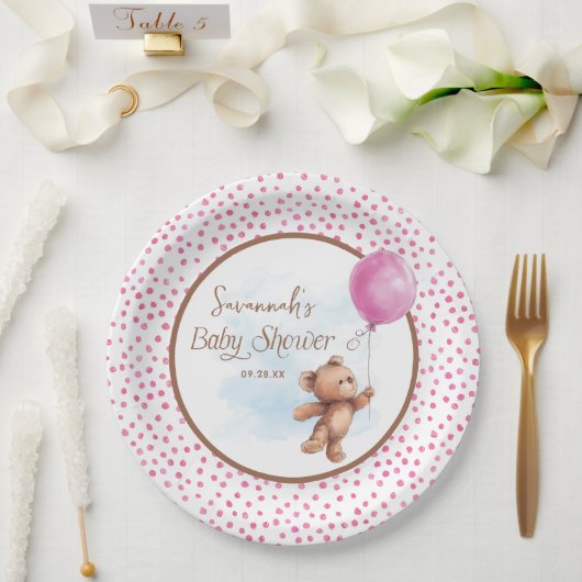 Roze Meisje Teddy Bear Baby shower Papier Bord (Huwelijk)