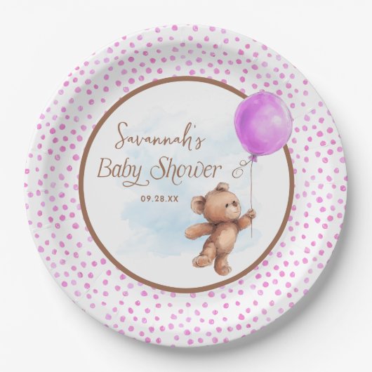 Roze Meisje Teddy Bear Baby shower Papier Bord (Voorkant)