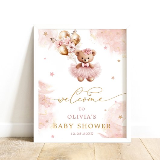 Roze Meisje Teddy Bear Baby shower Welkom Poster