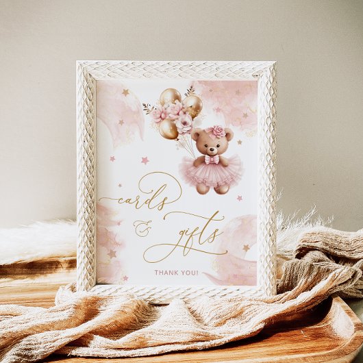 Roze Meisje Teddy Bear Balloon Kaarten en geschenk Poster