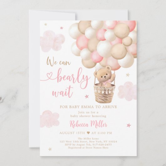 Roze Meisje Teddy Bear Balloons Baby shower Kaart (Voorkant)