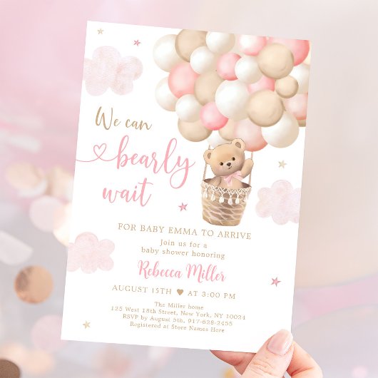 Roze Meisje Teddy Bear Balloons Baby shower Kaart