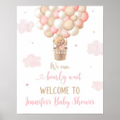 Roze Meisje Teddy Bear Balloons Baby shower Welkom Poster (Voorkant)