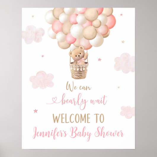 Roze Meisje Teddy Bear Balloons Baby shower Welkom Poster (Voorkant)