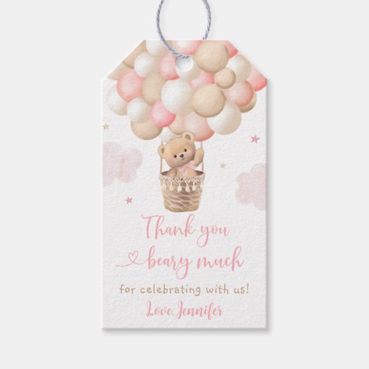 Roze Meisje Teddy Bear Hete Luchtballon Baby showe Cadeaulabel (Voorkant)
