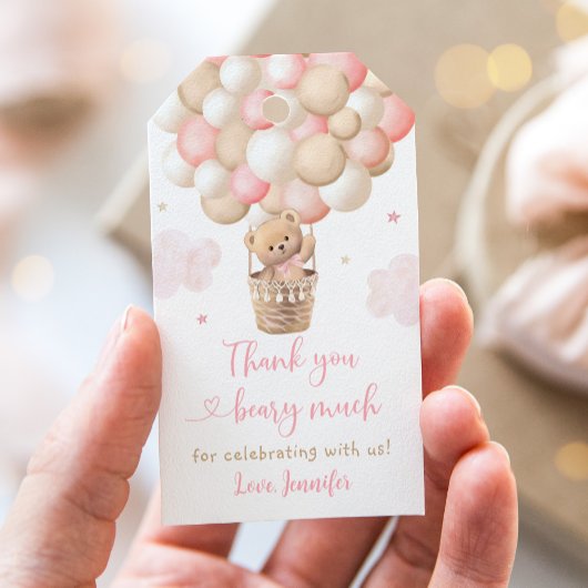 Roze Meisje Teddy Bear Hete Luchtballon Baby showe Cadeaulabel